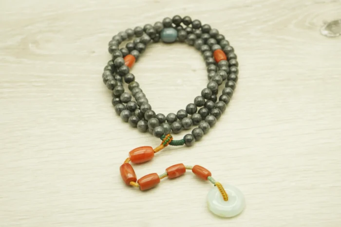 108-Bead Trinity Blessing Mala｜Hetian Jade, Nanhong & Jadeite Top View
