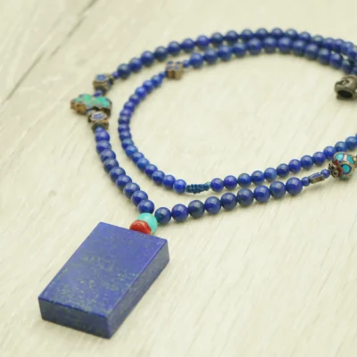 Lapis Lazuli & Cloisonné Mala Necklace｜Double-Layer Folding｜Cloisonné Silver & Lapis Pendant