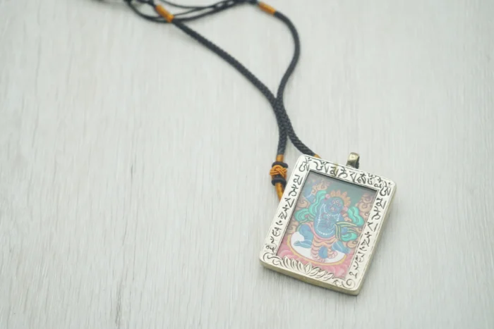 Mineral Pigment Acala Thangka｜Orange-Blue-Green Palette with Silver Tibetan Script｜Tibetan Buddhist Protective Art