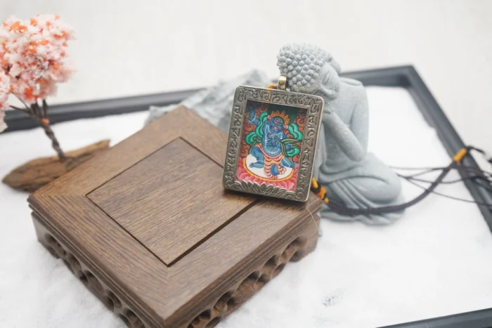 Acala Thangka in Zen Garden｜Silver Mantra Frame with Mini Buddha｜Black-Yellow Sacred Knot