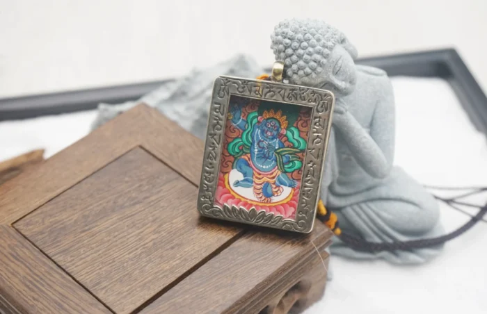 Mineral Pigment Acala Thangka in Zen Setting - Tibetan Buddhist Protective Artwork (3.5x4.5cm) Displayed with Miniature Buddha Statue and Cherry Blossom in Dry Landscape Arrangement