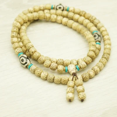 8mm Star Moon Bodhi Beads with Genuine Tibetan Dzi